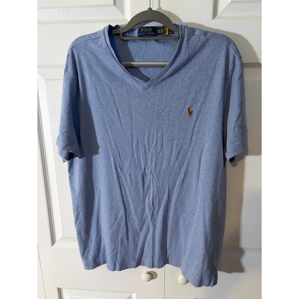 Polo‎ Ralph Lauren Mens XXL Blue V-Neck T-Shirt Custom Slim Fit Cotton Pony Logo
